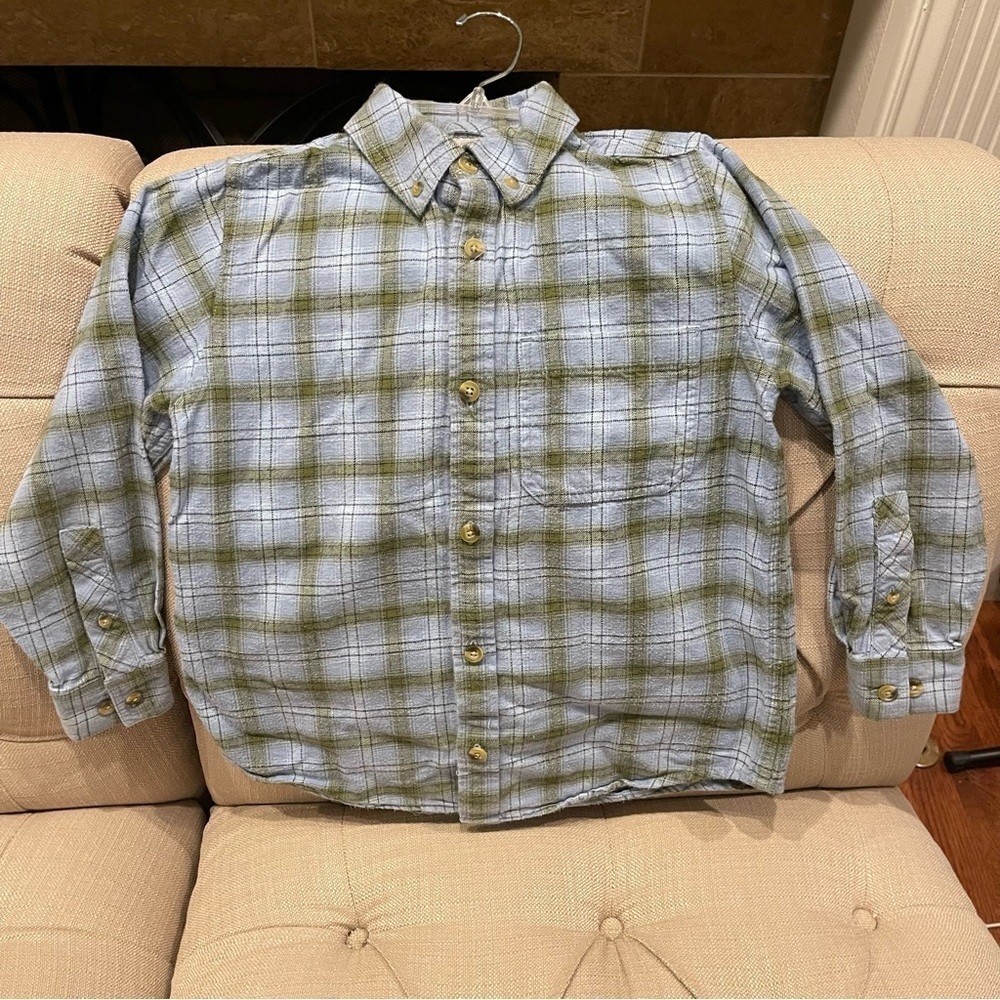 W: Hanna Andersson Shirt Boys 130/ 8 US Blue Tops button down Plaid 100% Cotton